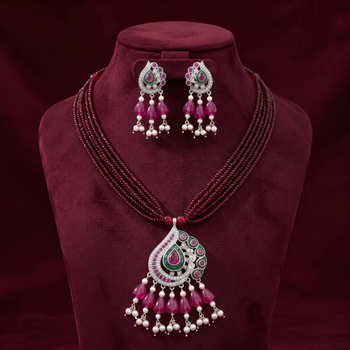 Emerald Ruby Peacock Silver Necklace Set