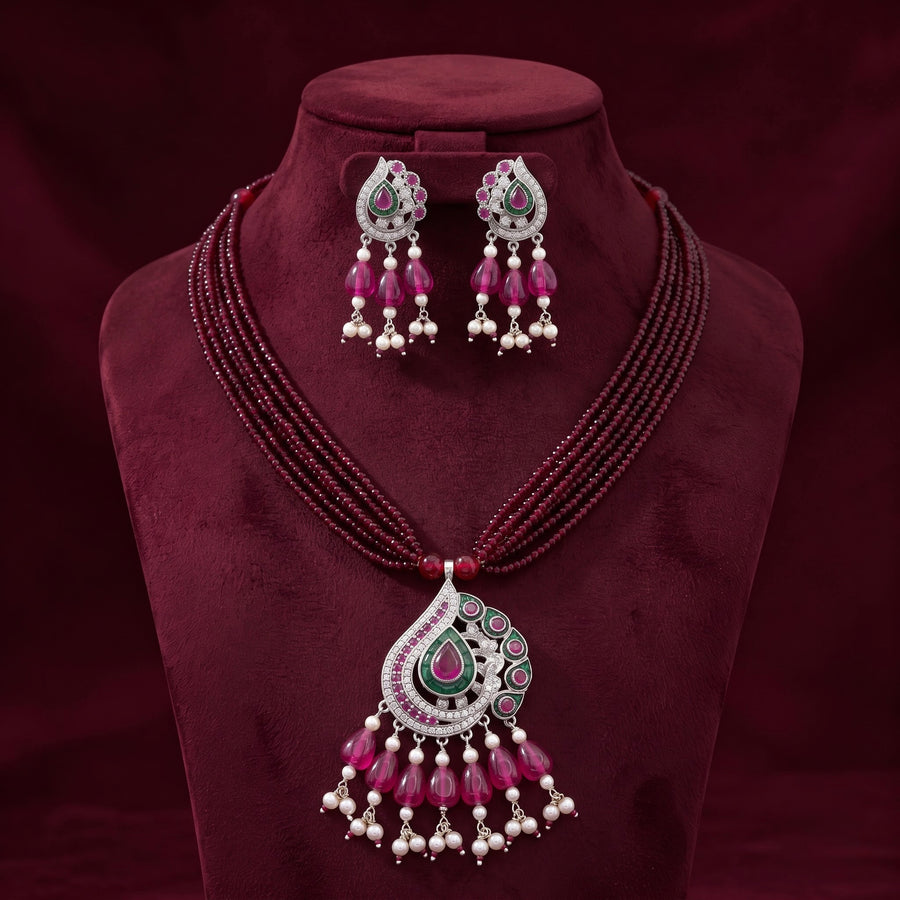 Emerald Ruby Peacock Silver Necklace Set