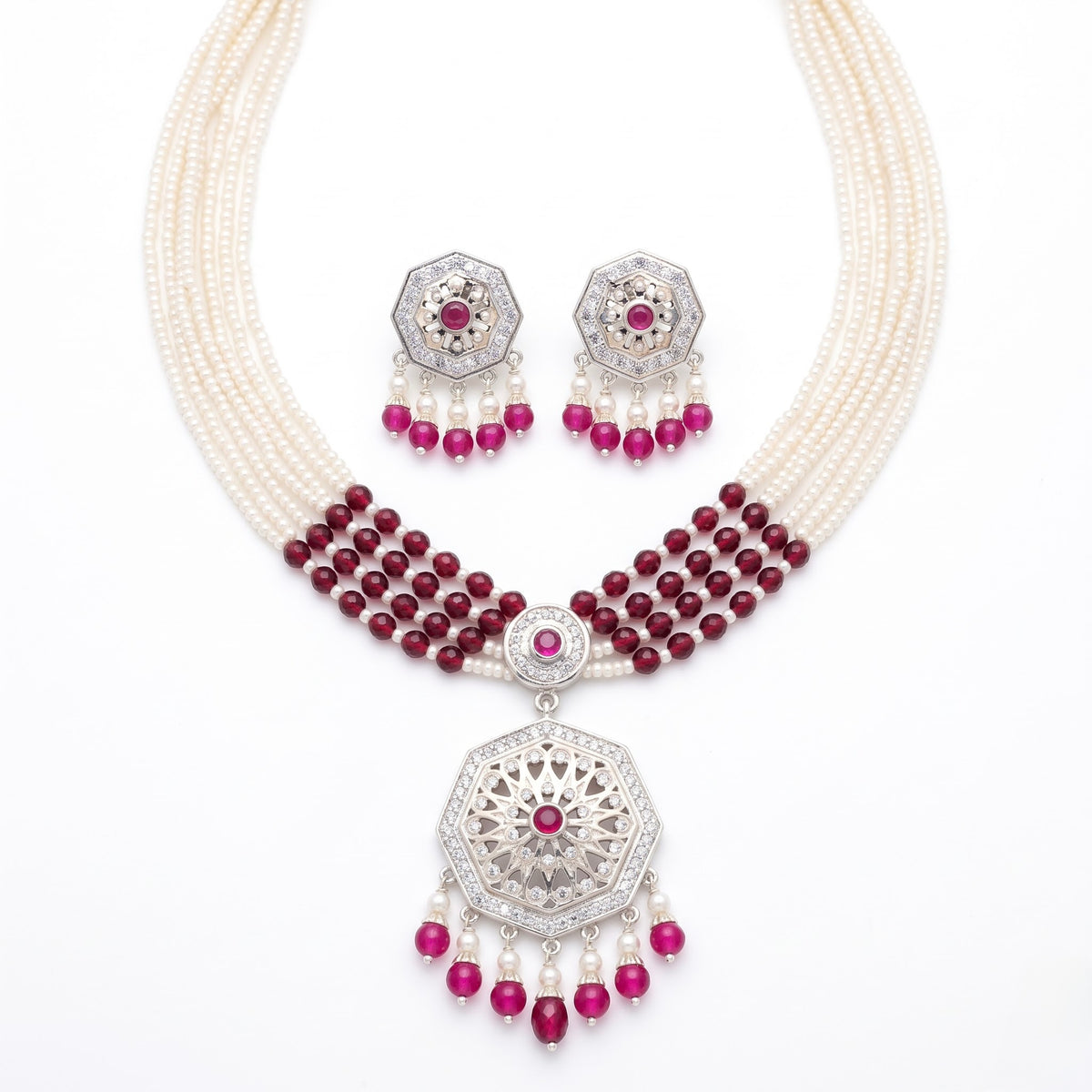 Pearl & Ruby-Tone Statement Necklace Set
