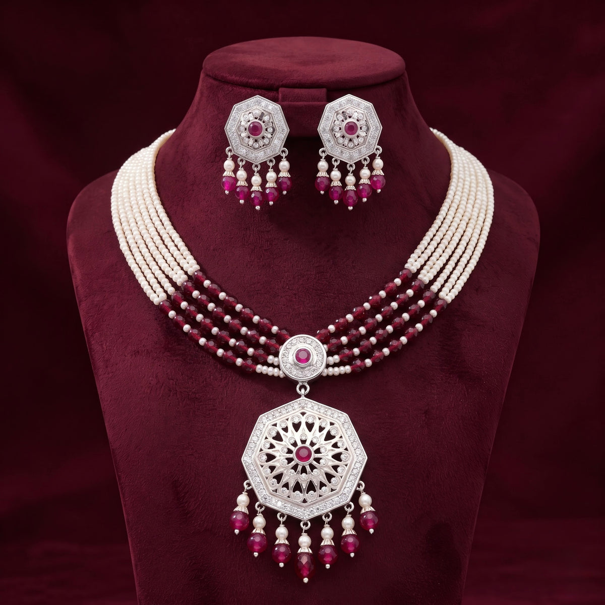 Pearl & Ruby-Tone Statement Necklace Set