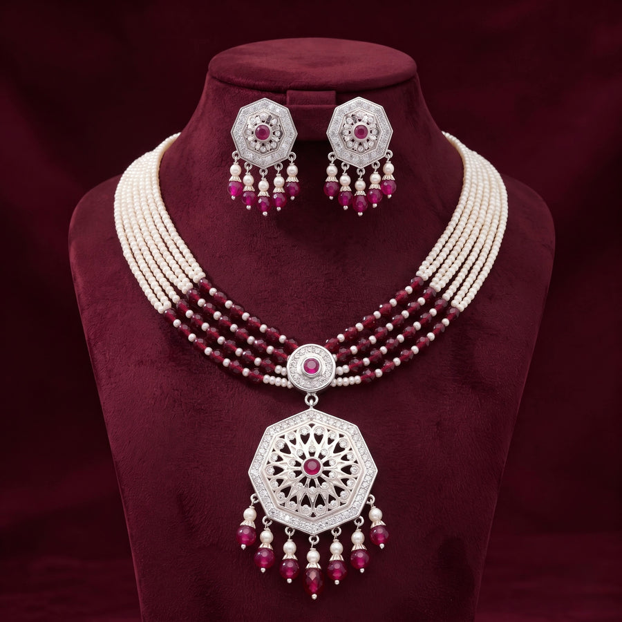 Pearl & Ruby-Tone Statement Necklace Set