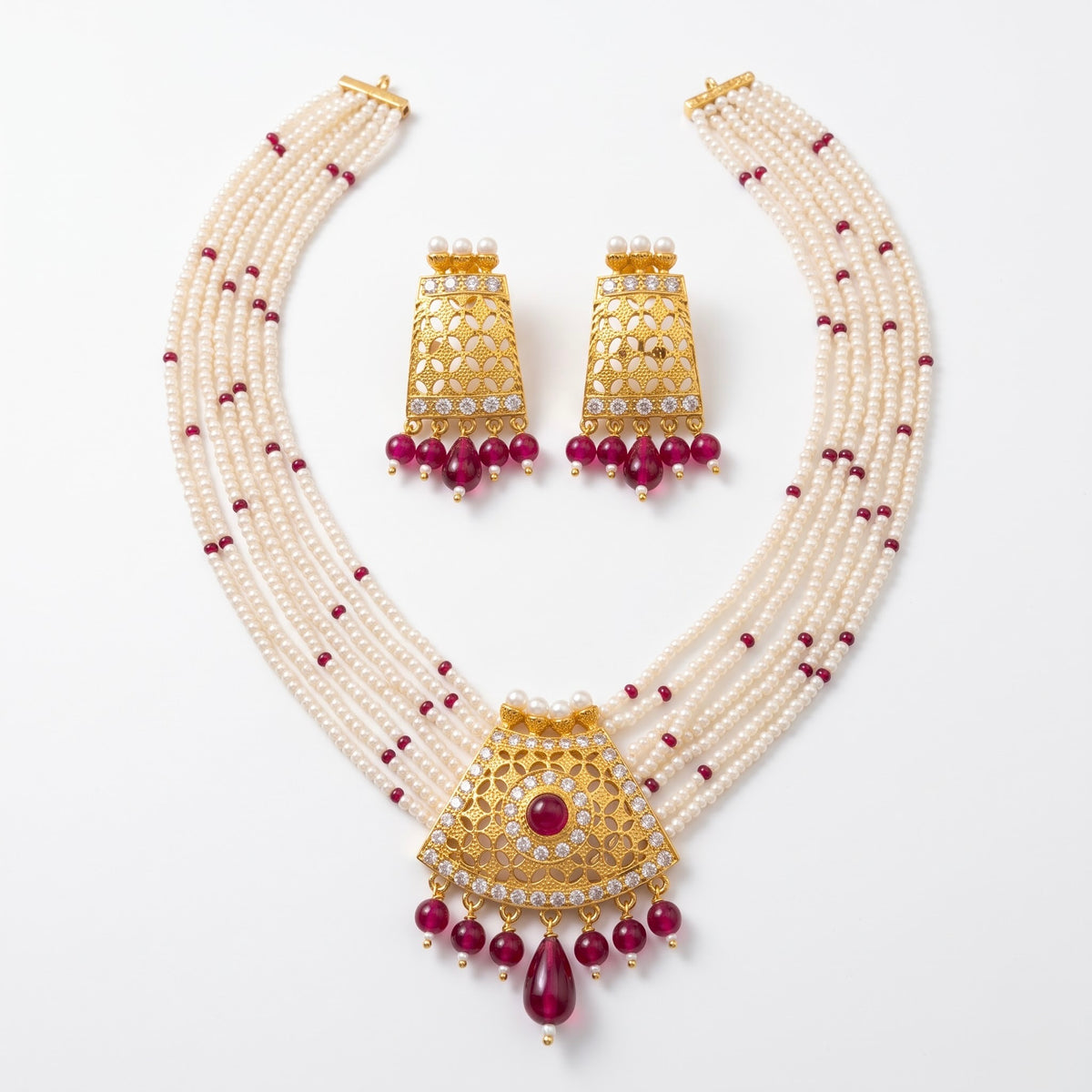 Pearl & Ruby Gold-Tone Statement Necklace Set