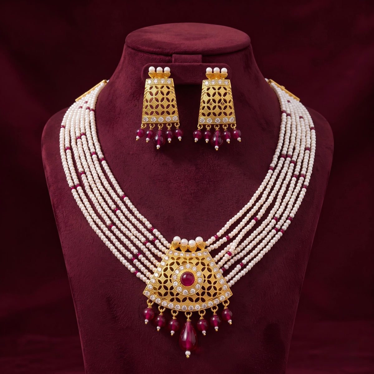 Pearl & Ruby Gold-Tone Statement Necklace Set