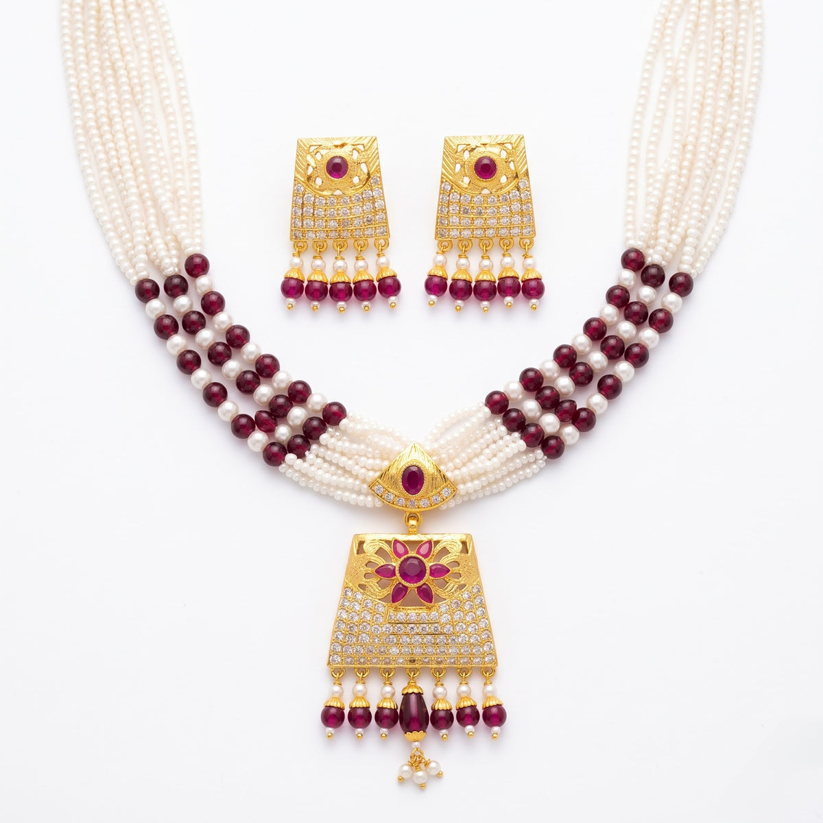 Pearl & Ruby Floral Gold Necklace Set