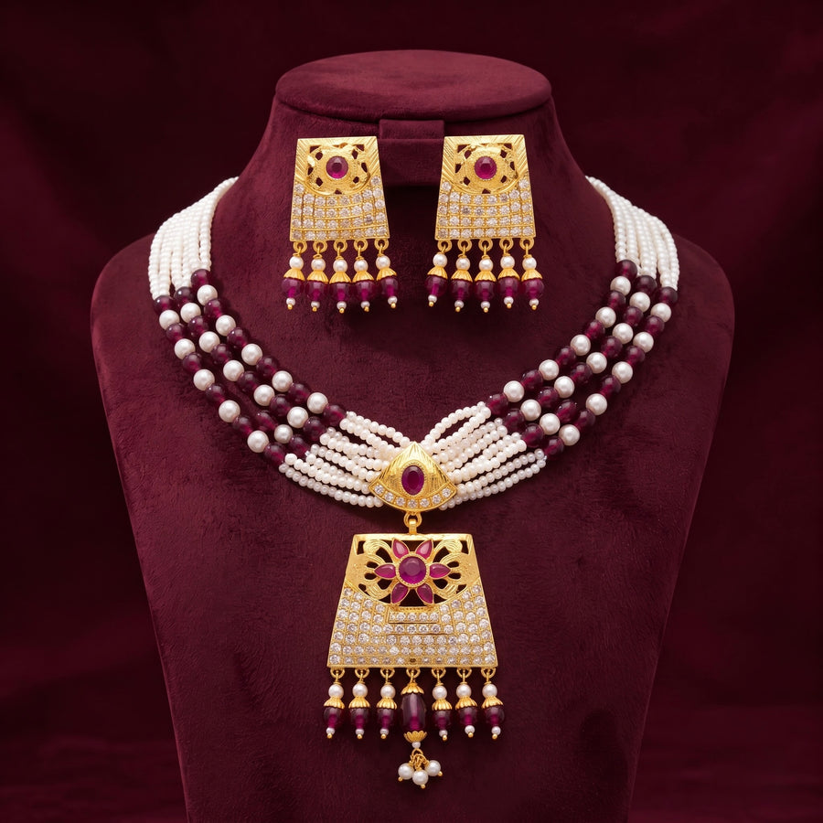 Pearl & Ruby Floral Gold Necklace Set
