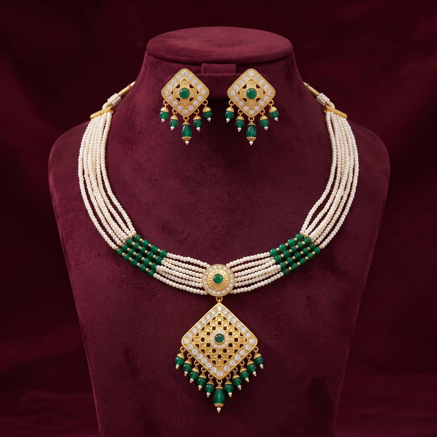 Pearl & Emerald Gold-Tone Statement Necklace Set