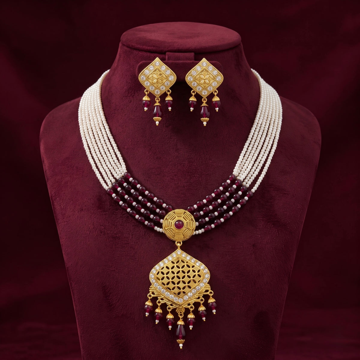 Ruby Pearl Fan Pendant Necklace Set