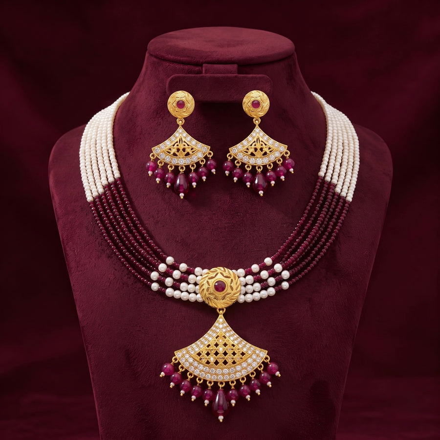 Pearl & Ruby Gold-Tone Pendant Necklace Set